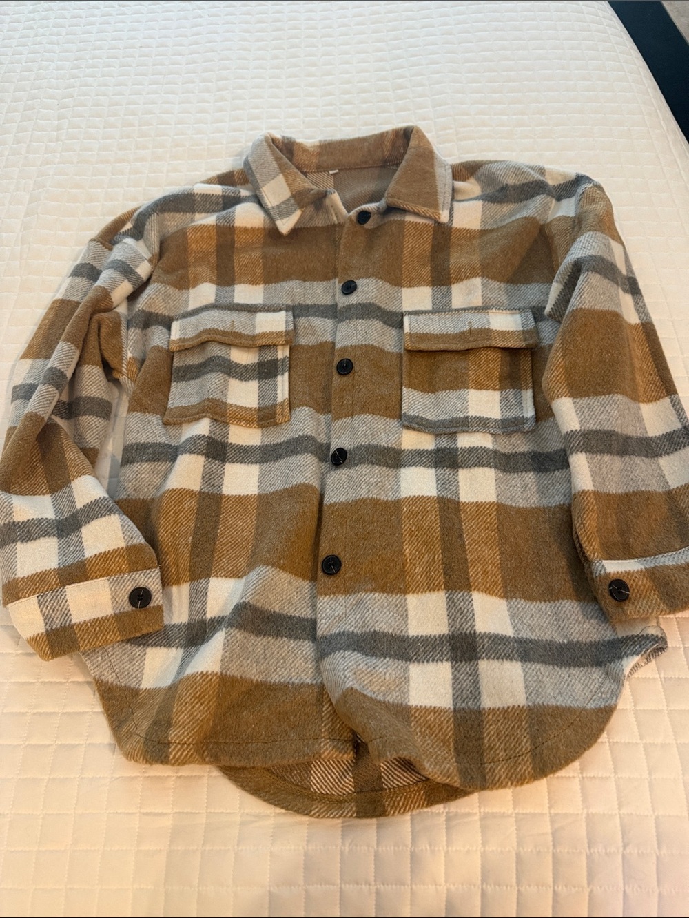 Women's Plaid Button-Down Shacket in Brown and Gray